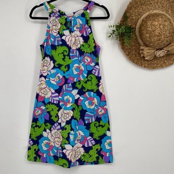 Jude  Connally Women’s Lisa Dress Floral Blue Multi Key Hole Halter Shift Stretc - Picture 1 of 12